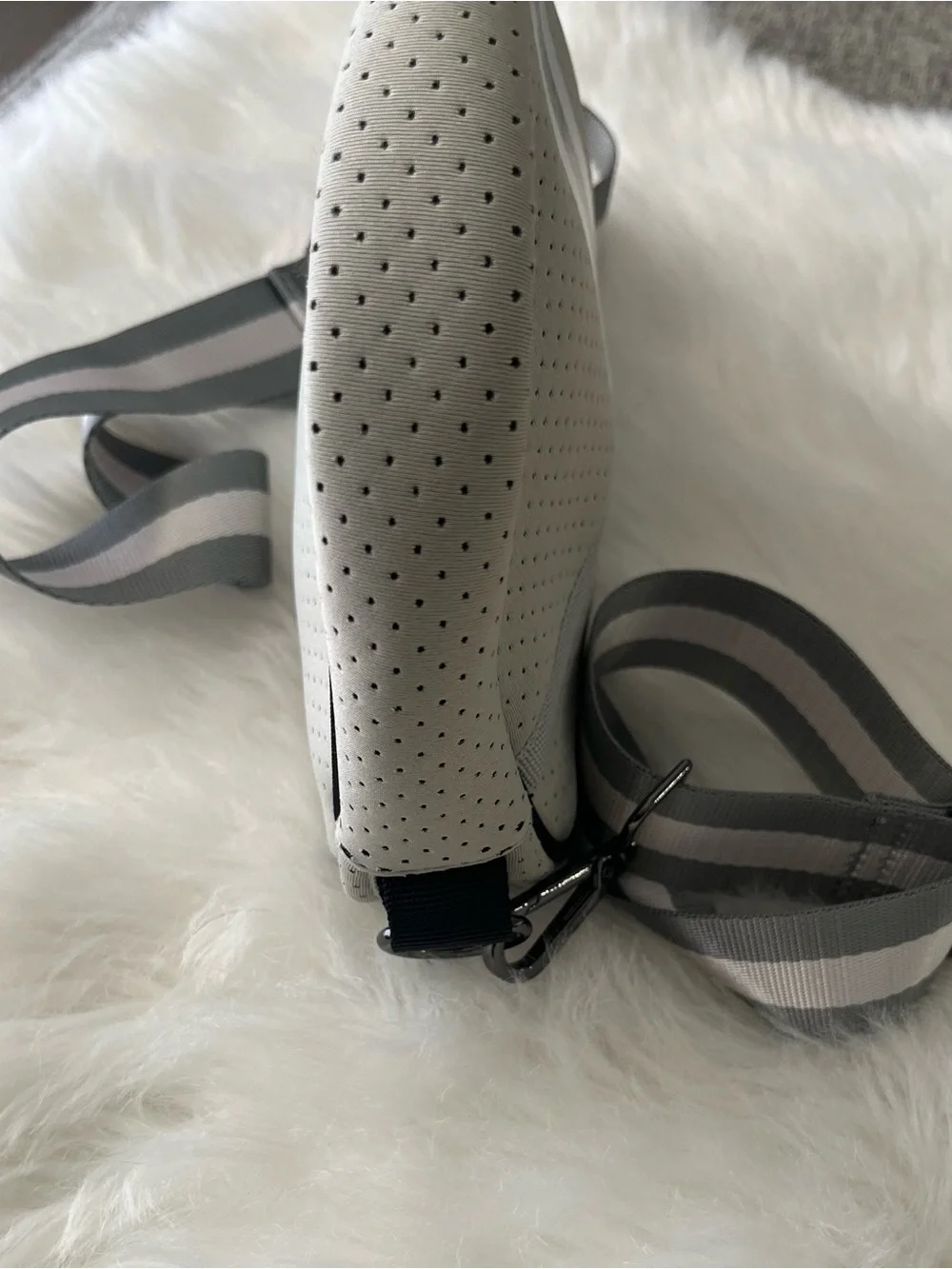 HAUTE SHORE Gray Perforated Crossbody with Striped Strap